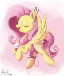  2016 bugplayer cutie_mark equine eyes_closed feathered_wings feathers female feral fluttershy_(mlp) friendship_is_magic fur hair headphones hi_res mammal my_little_pony pegasus pink_hair scarf simple_background smile solo spread_wings white_background wings yellow_feathers yellow_fur 