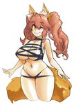  animal_ears bare_shoulders borvar breasts brown_eyes fate/extra fate_(series) fox_ears fox_tail highres large_breasts looking_at_viewer meme_attire navel one_eye_closed red_hair rei_no_mizugi simple_background skindentation smile solo tail tamamo_(fate)_(all) tamamo_no_mae_(fate) thighs white_background 