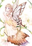  bare_shoulders barefoot brown_hair butterfly_wings dress fingers_together flower hair_flower hair_ornament highres long_hair purple_eyes smile solo wings yumaomi 