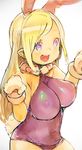  :d animal_ears blonde_hair breasts bunny_ears bunny_paws bunny_tail character_request copyright_request covered_nipples gloves gorirago halterneck large_breasts leotard long_hair open_mouth paw_gloves paws pointy_ears purple_eyes purple_leotard simple_background smile solo tail white_background 
