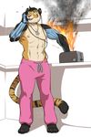  abs android anthro clothed clothing fangs feline fire headphones hybrid inside jewelry kittydee machine male mammal navel necklace nipples open_mouth phone robot solo standing sweat teeth tiger toaster tongue topless 
