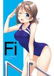  ;d blue_eyes breasts brown_hair competition_swimsuit hino_minato_(spec.c) leaning_forward love_live! love_live!_sunshine!! medium_breasts one-piece_swimsuit one_eye_closed open_mouth pool_ladder salute short_hair smile solo swimsuit watanabe_you 