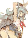  :o animal_ears arm_up armpits ass black_skirt blue_hair braid brown_eyes brown_gloves earrings erune ferry_(granblue_fantasy) fox_ears from_behind from_below gloves gorirago granblue_fantasy jewelry long_hair looking_at_viewer looking_back looking_down open_mouth panties revision simple_background single_braid skirt solo underwear upskirt very_long_hair white_background white_panties yellow_eyes 