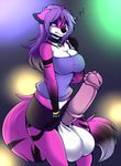  2016 animal_genitalia animal_penis anthro balls big_balls big_penis clothing collar dickgirl equine_penis erection fur hair huge_balls hyper hyper_balls intersex long_hair medial_ring napalm_(artist) penis pink_penis purple_eyes purple_fur purple_hair selene_(boha) simple_background skirt solo standing white_fur 