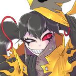  1girl alien battleborn black_hair grin long_hair orendi_(battleborn) red_eyes sharp_teeth solo twintails witch_hat 