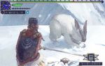  all_fours animal_ears bunny_ears coat from_behind from_side full_body fur fur_trim gammoth_(armor) hat holding holding_sword holding_weapon jiaoshouxingfa lagombi long_sword looking_at_another monster monster_hunter monster_hunter_x red_eyes snow snowing standing sword user_interface weapon white_fur 