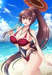 :d arm_at_side armband artist_name bangs beach between_breasts bikini blue_sky blush bow breasts brown_hair cherry_blossoms cloud collarbone cowboy_shot day eyebrows eyebrows_visible_through_hair flower frilled_bikini frills hair_between_eyes hair_flower hair_intakes hair_ornament high_ponytail highres holding holding_umbrella kantai_collection kantai_collection_(anime) large_breasts lens_flare long_hair navel navel_cutout ocean open_mouth oriental_umbrella outdoors ponytail purple_eyes red_bikini red_bow red_umbrella side-tie_swimsuit signature sky smile solo sparkle striped striped_bikini summer sunlight swimsuit the-sinner umbrella very_long_hair walking yamato_(kantai_collection) 