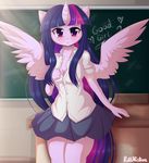  &lt;3 anthro blouse blush breasts chalkboard cleavage clothed clothing desk equine female friendship_is_magic hair hi_res horn horse inside looking_at_viewer mammal multicolored_hair my_little_pony open_mouth pastelmistress pink_hair pony purple_body purple_eyes purple_hair royalty school school_uniform shirt skirt solo sunbeam text twilight_sparkle_(mlp) uniform winged_unicorn wings 