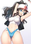  armpits arms_up ass_visible_through_thighs baseball_cap blue_eyes breasts brown_hair choker covered_nipples cowboy_shot hat holding impossible_clothes long_hair looking_at_viewer medium_breasts nagase_haruhito panties poke_ball pokemon pokemon_(game) pokemon_bw ponytail simple_background solo standing taut_clothes touko_(pokemon) underwear vest 