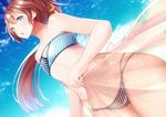  bare_arms bare_shoulders bikini blue_eyes blush collarbone diagonal_stripes dutch_angle flat_chest floating_hair from_below hair_ribbon holding kantai_collection kazagumo_(kantai_collection) long_hair midriff navel orange_sarong polka_dot polka_dot_sarong ponytail red_hair ribbon sarong sarong_lift see-through sky solo standing stomach strapless strapless_bikini striped striped_bikini swimsuit thighs tobimura translucent_sarong wind yellow_ribbon 