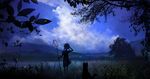  1girl blurry braid bug butterfly_net cloud dark dog dress firefly from_behind grass hand_net hand_on_own_head highres hill insect jpeg_artifacts lake looking_afar night night_sky original scenery silhouette sky solo star_(sky) tree twin_braids water 