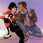  artist_name black_hair blush boots brown_hair dark_skin dark_skinned_male fingerless_gloves gloves grin hood hoodie hyakujuu-ou_golion jacket keith_(voltron) knee_boots lance_(voltron) looking_at_another male_focus miyuli mullet multiple_boys open_clothes open_jacket sitting smile voltron:_legendary_defender 