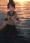  bad_id bad_twitter_id blush brown_eyes brown_hair closed_mouth collarbone expressionless furukawa_wanosuke hair_ornament hand_on_own_chest kantai_collection looking_at_viewer ocean pleated_skirt ponytail school_uniform serafuku shikinami_(kantai_collection) short_hair short_sleeves skirt solo standing sunset wading water 