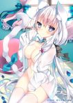  2016 animal_ears aqua_nails bangs bell black_bow black_ribbon blue_bow blue_eyes blue_ribbon blush bottomless bow breasts cat_ears cat_girl cat_tail cleavage closed_mouth collarbone collared_shirt curtains dated day dress_shirt eyebrows_visible_through_hair fingernails frills groin hair_between_eyes hair_ribbon hand_up highres indoors jingle_bell legs_together long_hair looking_at_viewer low_twintails medium_breasts nail_polish naked_shirt navel neck_ribbon open_clothes open_shirt original petals ribbon satsuki_mayuri shirt silver_hair sitting sleeves_past_wrists smile solo tail tail_bow thighhighs twintails very_long_hair white_legwear white_shirt window wing_collar 