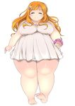  :3 ^_^ absurdres barefoot blush breasts brown_hair chemise closed_eyes collarbone facing_viewer fat feet flower full_body hair_flower hair_ornament highres huge_breasts kurokaze_no_sora long_hair nightgown obese orange_hair original scrunchie soles solo thick_thighs thighs toes transparent_background wrist_scrunchie 