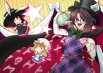  alice_(wonderland) alice_(wonderland)_(cosplay) alice_in_wonderland animal_ears apron black_hair black_skirt black_vest blush bow brown_eyes brown_hair bunny_ears bunny_tail cape chibi chibi_inset clock collared_shirt commentary_request cosplay cup dress fedora futoumeido glasses hat hat_bow long_hair long_sleeves looking_at_viewer low_twintails mad_hatter mad_hatter_(cosplay) maribel_hearn mob_cap multiple_girls open_mouth parody plaid plaid_skirt plaid_vest pleated_skirt popped_collar pouring purple_dress purple_skirt purple_vest red-framed_eyewear semi-rimless_eyewear shirt short_hair skirt skirt_set smile solid_oval_eyes star striped striped_background tail tea teacup teapot top_hat touhou twintails under-rim_eyewear usami_renko usami_sumireko vest white_rabbit white_rabbit_(cosplay) white_shirt wing_collar 