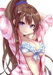  &gt;_&lt; 2016 :&gt; :3 arms_behind_head arms_up bikini blush breasts brown_hair cat_hair_ornament cleavage closed_eyes closed_mouth dated frilled_bikini frills hair_ornament hairclip jacket large_breasts long_hair looking_at_viewer navel number open_clothes open_jacket original pisuke ponytail purple_eyes solo striped_jacket swimsuit very_long_hair white_background white_bikini_top 