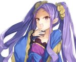  1girl :d blue_bow blush bow breasts chinese_clothes cleavage collarbone commentary_request fangs fate/grand_order fate_(series) forehead hair_ornament hair_scrunchie hand_on_own_chin hand_up hanfu kasuka_(kusuki) long_hair open_clothes open_mouth purple_eyes purple_hair scrunchie sidelocks simple_background smile solo twintails upper_body very_long_hair white_background wu_zetian_(fate/grand_order) yellow_scrunchie 