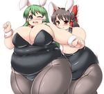  &gt;:( animal_ears big_belly blue_eyes blush bow breasts brown_eyes brown_hair bunny_ears bunny_tail bunnysuit clenched_hands d; detached_collar embarrassed fat fat_folds frown green_hair hair_bow hair_tubes hakurei_reimu half_updo huge_breasts kochiya_sanae kurokaze_no_sora large_bow long_hair meat_day multiple_girls nose_blush obese one_eye_closed open_mouth pantyhose pushing sweatdrop tail touhou v-shaped_eyebrows very_long_hair wrist_cuffs 