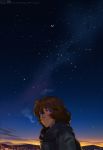  1girl absurdres blue_eyes brooke_(mathias_leth) brown_hair commentary dawn eclipse english_commentary highres huge_filesize landscape light_smile lunar_eclipse mathias_leth moon night night_sky original outdoors scarf sky solo star_(sky) starry_sky upper_body 