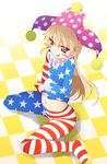  american_flag_dress american_flag_legwear blonde_hair blush_stickers checkered checkered_floor chima_q clownpiece covered_nipples fairy_wings full_body fur_trim hat highres jester_cap long_hair long_sleeves looking_at_viewer midriff naughty_face navel neck_ruff pantyhose polka_dot red_eyes sitting smile solo star star_print striped striped_legwear touhou wariza wings 