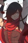  belt bodice cape grey_eyes hair_over_one_eye koyorin lips looking_at_viewer multicolored_hair petals ruby_rose rwby simple_background smile solo two-tone_hair white_background wind 