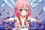  angel_wings bare_shoulders blush breasts cleavage commentary_request datew detached_sleeves gloves guilty_crown hair_ornament hairclip highres long_hair looking_at_viewer medium_breasts pink_hair red_eyes smile solo twintails wings yuzuriha_inori 