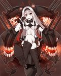  air_defense_hime black_footwear black_gloves bodysuit boots breasts chain crossed_legs cuffs full_body gloves hairband head_tilt kaginoni kantai_collection long_hair looking_at_viewer medium_breasts red_eyes shackles sharp_teeth shinkaisei-kan sitting smirk teeth very_long_hair white_hair 