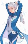  adjusting_hair androgynous arms_up blanche_(pokemon) blue_eyes coat long_hair looking_at_viewer pokemon pokemon_go ponytail red_(little_reddo) solo turtleneck twitter_username tying_hair white_hair 