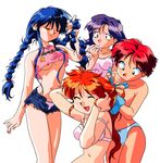  adjusting_hair artist_request blue_hair bow bow_panties bra braid breasts character_request closed_eyes denim denim_shorts freckles long_hair medium_breasts multiple_girls navel nipples open_mouth orange_hair panties purple_hair red_hair short_hair short_shorts shorts smile strap_slip twin_braids underboob underwear unzipped viper viper_v8 