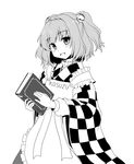  :d apron bell blush book character_name checkered checkered_kimono greyscale hair_bell hair_intakes hair_ornament halftone_texture isaki_(gomi) japanese_clothes kimono long_sleeves looking_at_viewer monochrome motoori_kosuzu open_mouth short_hair smile solo touhou two_side_up 
