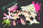  2girls ;d absurdres aori_(splatoon) bare_shoulders black_hair cousins detached_collar domino_mask dress earrings eyebrows gloves grey_hair highres hotaru_(splatoon) inoue_seita jewelry mask mole mole_under_eye multiple_girls object_on_head official_art one_eye_closed open_mouth outstretched_arm pointy_ears smile splatoon_(series) splatoon_1 strapless strapless_dress tentacle_hair thank_you thick_eyebrows white_gloves yellow_eyes 