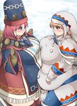  belly_to_belly big_belly blue_eyes blush breast_press breasts brown_hair capelet cloak coat commentary_request fat fringe_trim frown gammoth_(armor) gloves highres hood hooded_cloak huge_breasts kurokaze_no_sora lagombi_(armor) monster_hunter monster_hunter_x multiple_girls nose_blush obese original pink_hair red_eyes sidelocks snow snowflakes symmetrical_docking thighhighs 