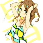  armpits arms_up blush brown_hair camisole closed_mouth collarbone green_eyes halterneck lowres original solo sweat upper_body zpolice 