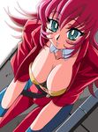  breasts bright_pupils cleavage detached_collar dutch_angle jacket large_breasts leaning_forward long_hair official_art parted_lips pink_hair raika_grace ringed_eyes short_sleeves solo viper viper_f40 