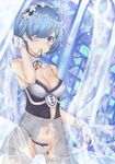  absurdres adapted_costume ass_visible_through_thighs blue_eyes blue_hair blurry blush bow bow_panties breasts cleavage commentary_request cowboy_shot curtains depth_of_field detached_collar gloves hair_ornament hair_over_one_eye hair_tucking highres holding holding_strap konata_(knt_banri) lace lace-trimmed_panties lace-trimmed_thighhighs lingerie lips looking_at_viewer maid_headdress medium_breasts mouth_hold navel neck_ribbon negligee panties re:zero_kara_hajimeru_isekai_seikatsu rem_(re:zero) ribbon ribbon_in_mouth see-through short_hair side-tie_panties solo stained_glass thighhighs underwear underwear_only untied untied_panties white_gloves white_legwear window x_hair_ornament 