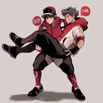  angry baseball_cap black_hair carrying closed_eyes dark_skin dark_skinned_male dual_persona grey_background grin hat kendy_(revolocities) looking_at_another male_protagonist_(pokemon_go) multiple_boys pokemon pokemon_go princess_carry prototype simple_background smile sweatdrop v visor_cap 
