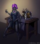  2016 6_arms abdomen alcohol anthro arachnid arthropod beverage chirasul clothed clothing digital_media_(artwork) eyeshadow female hair hi_res jewelry looking_at_viewer makeup martini multi_arm multi_eye multi_limb nails necklace purple_eyes purple_hair simple_background smile solo spider standing table watermark 