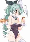 alternate_hairstyle anchovy animal_ears black_bow blush bow breasts brown_eyes bunny_ears bunnysuit cheese cheese_trail cleavage closed_mouth collarbone cowboy_shot detached_collar drill_hair expressionless eyebrows eyebrows_visible_through_hair fake_animal_ears food food_on_body girls_und_panzer green_hair groin hair_between_eyes hair_bow hairband hibimegane holding holding_food holding_pizza leotard looking_at_viewer medium_breasts pizza ponytail simple_background solo standing strapless strapless_leotard sweatdrop thighhighs tsurime white_background white_legwear wrist_cuffs 