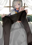  aqua_eyes bad_id bad_pixiv_id bed bed_sheet black_legwear breasts dressing from_below hair_ornament hair_over_one_eye hairclip hamakaze_(kantai_collection) highres kantai_collection large_breasts neckerchief pantyhose pleated_skirt school_uniform serafuku short_hair silver_hair sitting skirt solo suzuharu_toufu window 