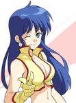  agahari blue_eyes blue_hair breasts cleavage dirty_pair earrings gloves jewelry long_hair looking_at_viewer medium_breasts midriff navel one_eye_closed pointing pointing_at_viewer smile solo yuri_(dirty_pair) 