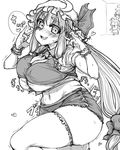  belly blush breasts bursting_breasts commentary cosplay crescent crescent_hair_ornament dripping eyebrows flandre_scarlet flandre_scarlet_(cosplay) greyscale hair_ornament haseru_(ginku_mh) hat highres hong_meiling large_breasts long_hair low-tied_long_hair microskirt mob_cap monochrome multiple_girls nervous nervous_smile nico_nico_nii nose_blush patchouli_knowledge plump pose skirt solo_focus standing standing_on_one_leg sweat thick_eyebrows thick_thighs thighhighs thighs touhou trembling undersized_clothes very_long_hair wavy_mouth wrist_cuffs 