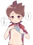  amano_keita blush brown_eyes brown_hair jacket kouhara_yuyu looking_at_viewer male_focus navel nipples open_clothes open_jacket shirt_lift shota simple_background solo speech_bubble translation_request watch white_background wristwatch youkai_watch youkai_watch_(object) 