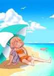  ahoge bare_legs bare_shoulders barefoot beach bird blonde_hair blush bunny closed_eyes cloud collarbone day futaba_anzu idolmaster idolmaster_cinderella_girls long_hair low_twintails navel off_shoulder open_mouth outdoors random_(ningen_modoki) short_sleeves sitting sky solo stuffed_animal stuffed_toy swimsuit twintails umbrella very_long_hair 