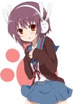  :3 brown_eyes bunny bunny_headphones headphones highres kita_high_school_uniform nagato_yuki nemu_(nebusokugimi) purple_hair school_uniform short_hair skirt solo suzumiya_haruhi-chan_no_yuuutsu suzumiya_haruhi_no_yuuutsu 