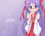  asanagi blue_eyes blush bow character_name collarbone cosplay detached_sleeves frills frown hair_ribbon hakurei_reimu hakurei_reimu_(cosplay) hand_to_own_mouth hiiragi_kagami long_hair lucky_star purple_hair ribbon solo touhou tsurime twintails wallpaper 