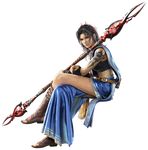  3d belt black_hair blue_eyes boots bracelet bracer crossed_legs earrings final_fantasy final_fantasy_xiii fox_tail full_body highres indian_clothes jewelry muscle naora_yusuke oerba_yun_fang official_art polearm sari short_hair sitting solo spear tail tattoo transparent_background weapon 