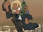  angry blonde_hair breast_rest breasts brown_eyes dark_skin flcl gun highres kitsurubami medium_breasts military military_uniform necktie open_mouth radio radio_transceiver rifle short_hair sniper_rifle solo torn_clothes underboob uniform vector_trace wallpaper water weapon wet 