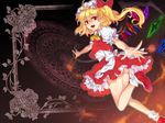  analog_(analoglog) ascot blonde_hair crystal dutch_angle fang flandre_scarlet hat highres looking_at_viewer mob_cap open_mouth outstretched_arms puffy_sleeves red_eyes shirt short_sleeves side_ponytail skirt skirt_set smile socks solo touhou vest white_legwear wings 