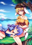  absurdres animal_ears bangs blonde_hair blue_dress blue_hair blue_sky blurry blurry_background bra bra_strap breasts brown_hat bunny_ears bunny_tail closed_eyes cloud collarbone dango day dress ear_clip ears_down eating extra_ears floppy_ears food frilled_dress frills grass hair_between_eyes hair_tie hat highres koissa lap_pillow legs looking_at_another looking_down low_twintails medium_breasts mimikaki misty_lake moon_print mountain multiple_girls orange_bra orange_shirt outdoors red_eyes reflection ringo_(touhou) scarlet_devil_mansion seiran_(touhou) shirt shirt_slip short_dress short_hair shorts sitting sky star star_print tail thighs touhou tree twintails underwear wagashi water yellow_shorts |3 